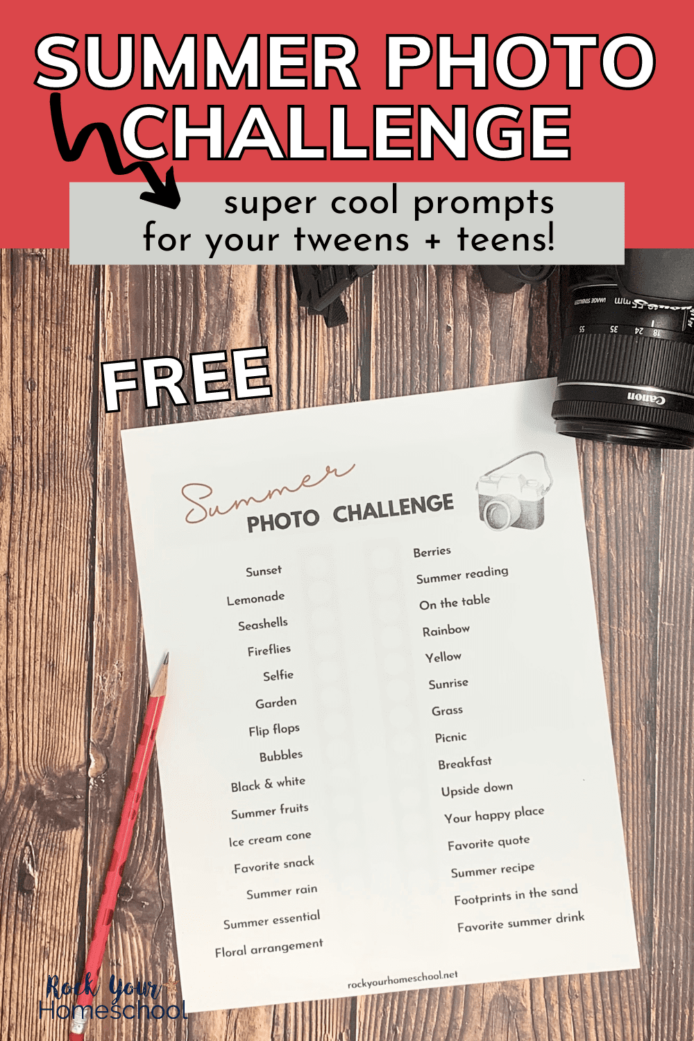 free printable summer photo challenge with Canon camera and red pencil