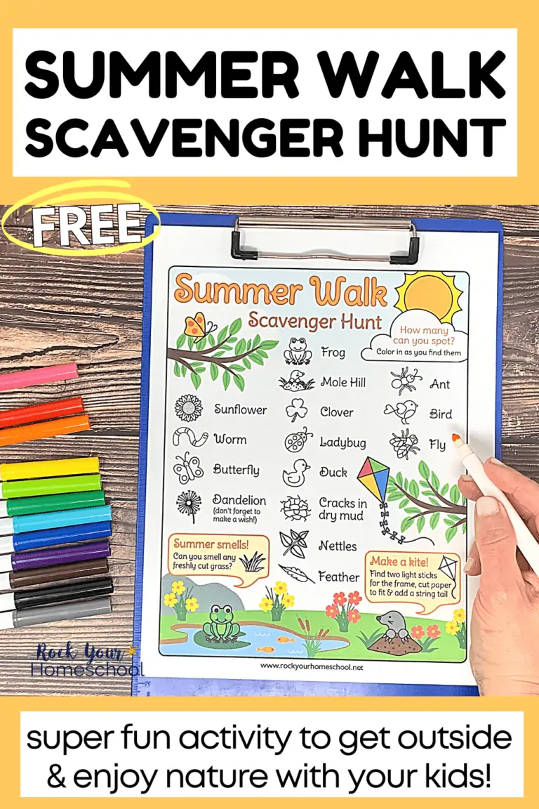 woman holding marker with free printable summer walk scavenger hunt on blue clipboard to feature the special outdoor fun you'll have with your kids