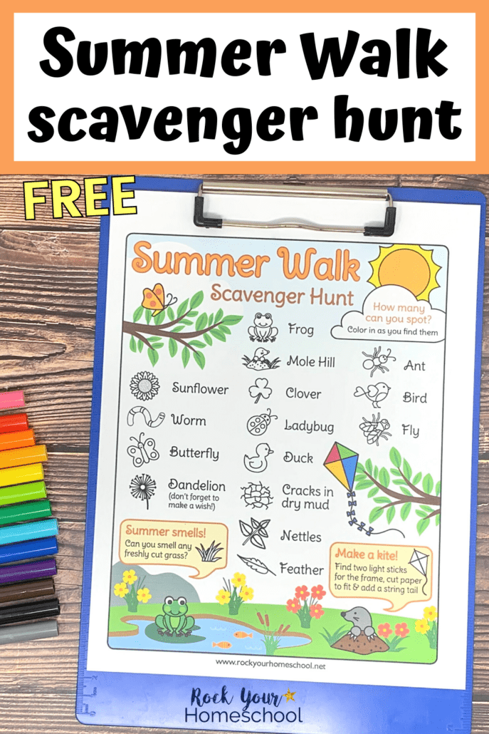 free printable summer walk scavenger hunt on blue clipboard with rainbow of markers