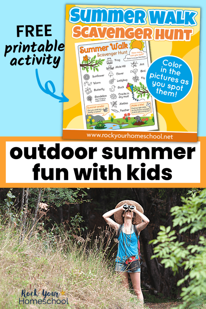 free printable summer walk scavenger hunt and young woman using binoculars on summer walk