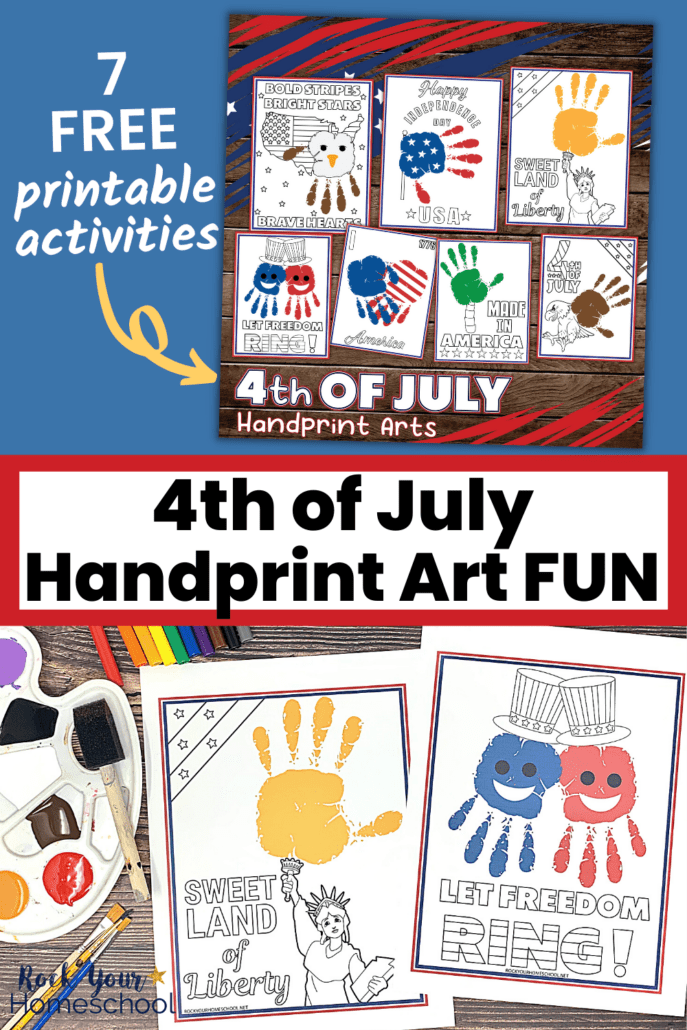 7 free 4th of July handprint art printable pages with paint, foam brush, brushes, and markers on wood background