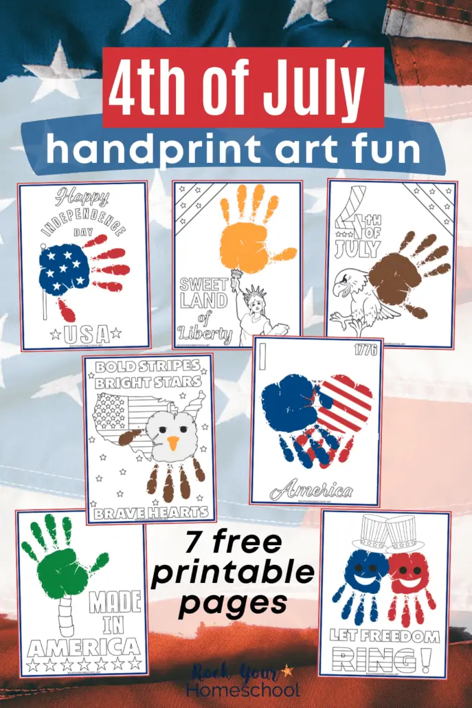 7 free printable 4th of July handprint art pages on United States of America flag