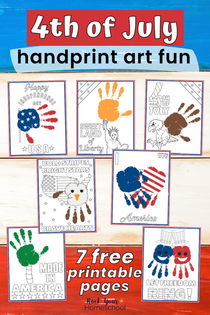 7 free printable 4th of July handprint art activities on blue, white, and red wood background