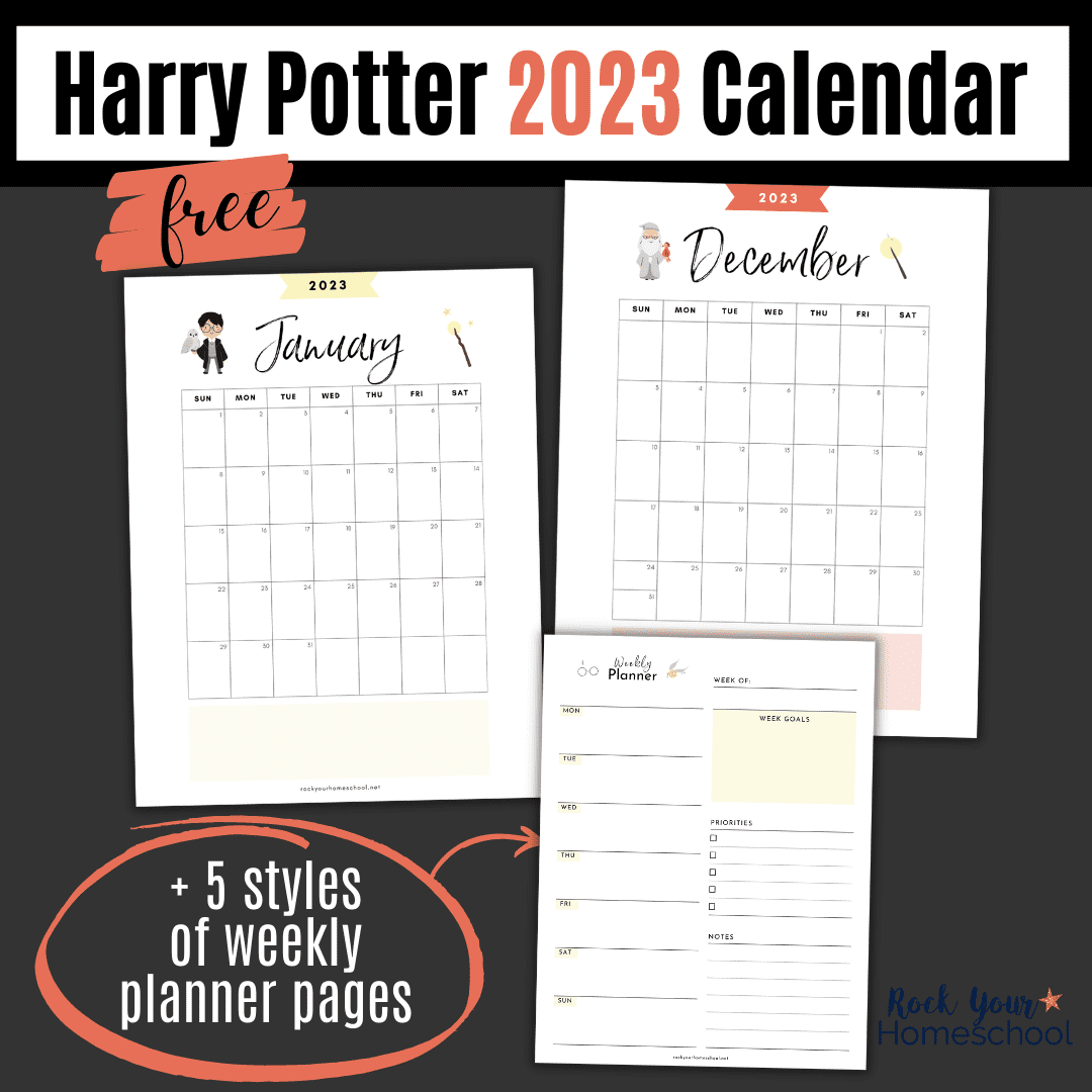 This free printable set of Harry Potter 2023 calendar pages includes monthly and weekly layouts.