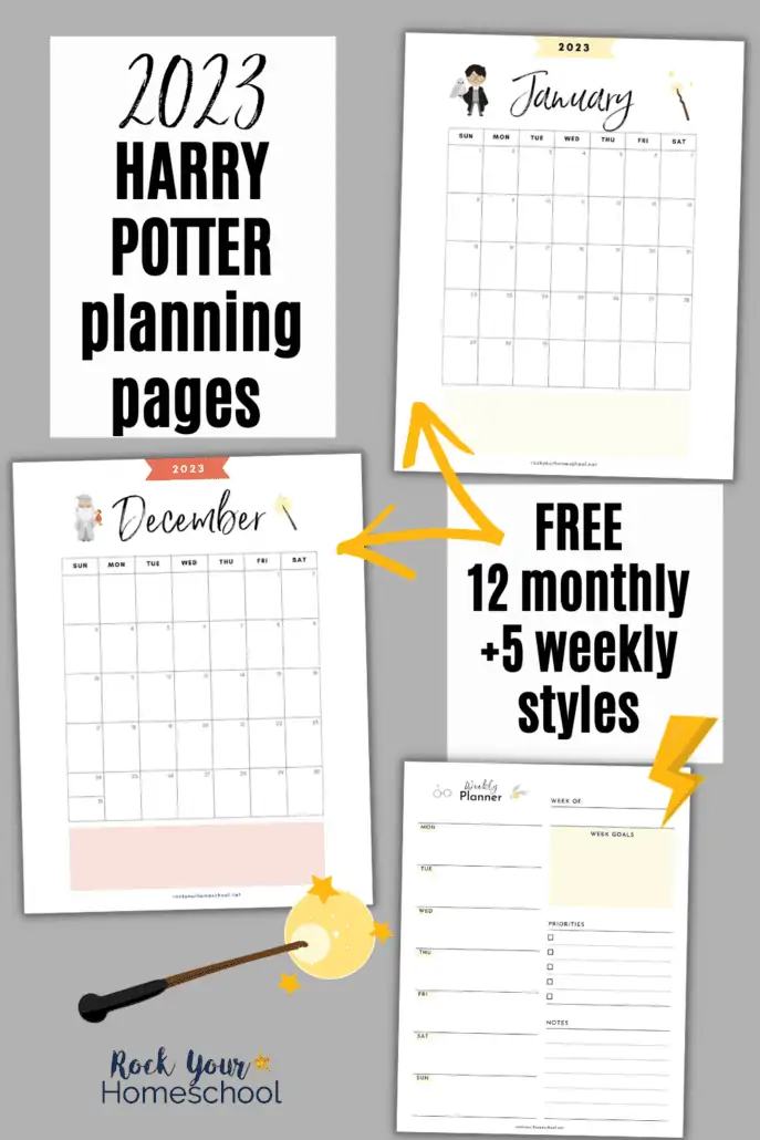 free printable Harry Potter calendar for January 2023 with Harry Potter and Hedwig owl and wand and December 2023 with Dumbledore and Fawkes the phoenix and wand with weekly planner page with Harry Potter glasses and golden snitch