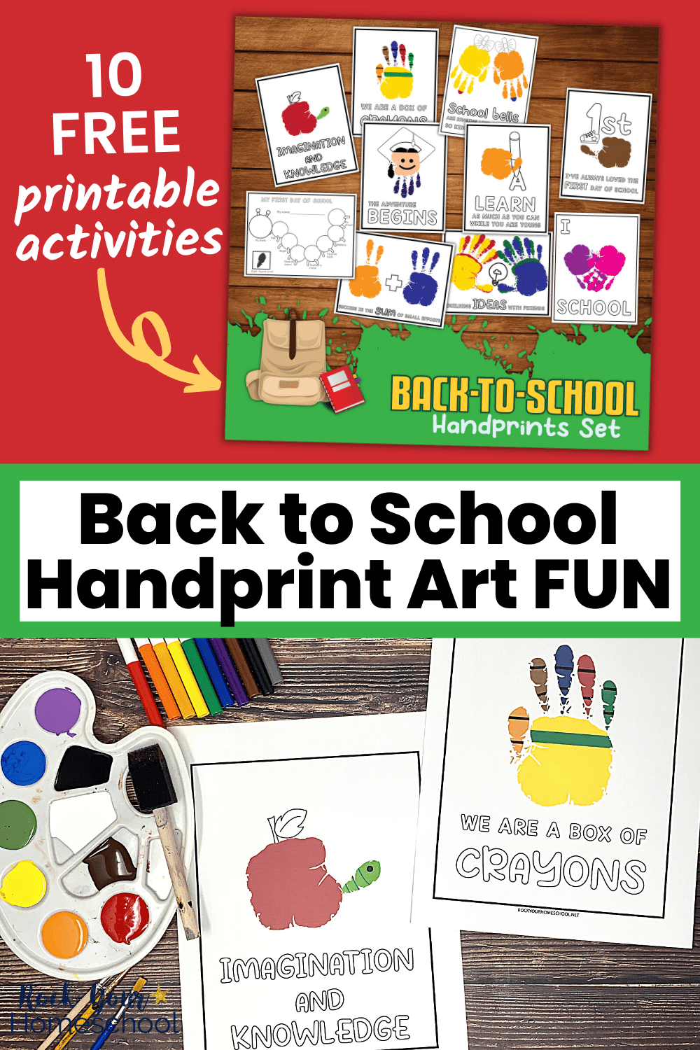 back to school handprint art activities set and 2 examples of handprint art with box of crayons and red apple with worm and paint supplies with markers on wood background