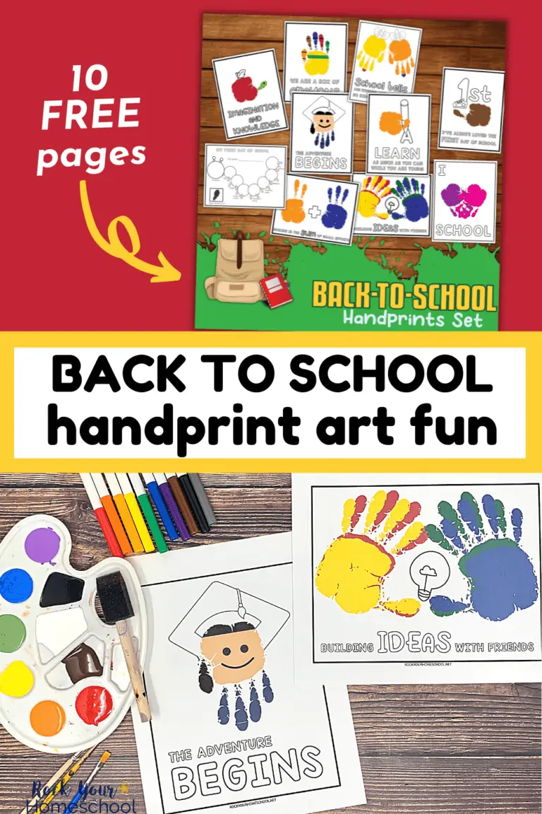 free set of back to school handprint art activities and 2 examples with paint supplies and markers
