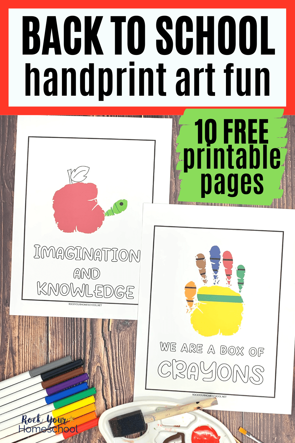 2 out of 10 free printable back to school handprint art activities featuring apple with worm and box of crayons with paint supplies on wood background