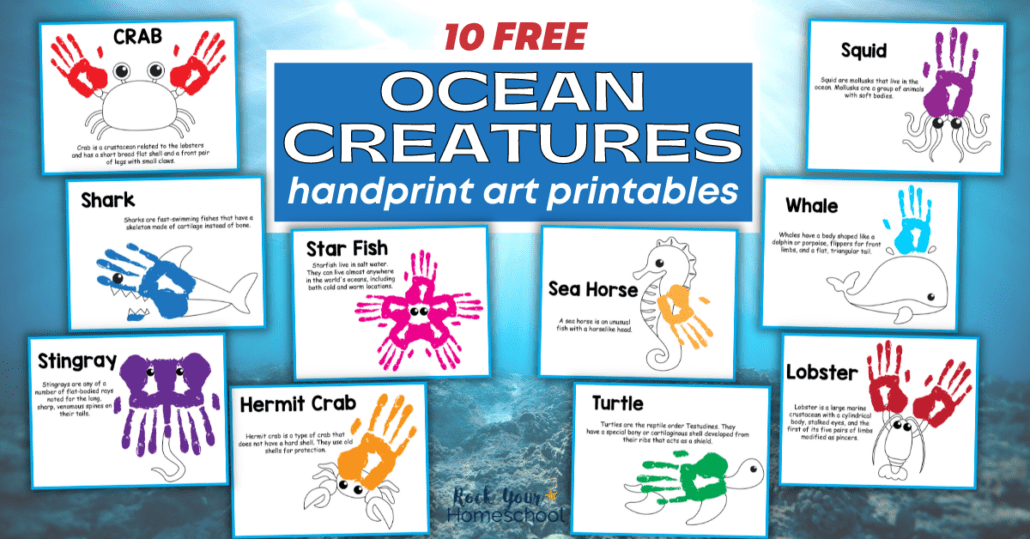 Get these 10 free ocean creatures handprint art printable pages for sensational summer fun for kids.