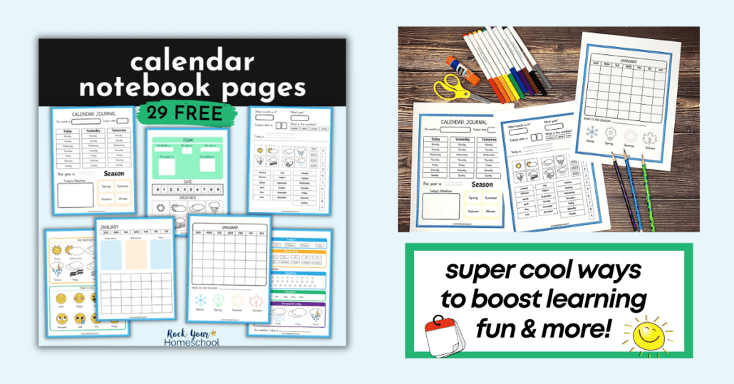 This free pack of calendar notebook printables includes a variety of way to learn about and practice calendar skills, tracking the weather, and more.