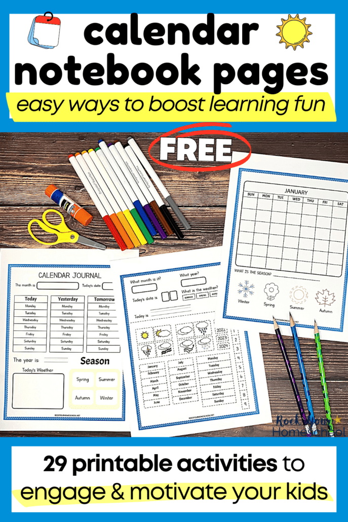 3 free printable student calendar pages with rainbow of markers, scissors, glue stick, pencils on wood background