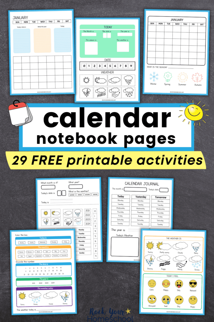 7 free printable student calendar pages on black chalkboard background