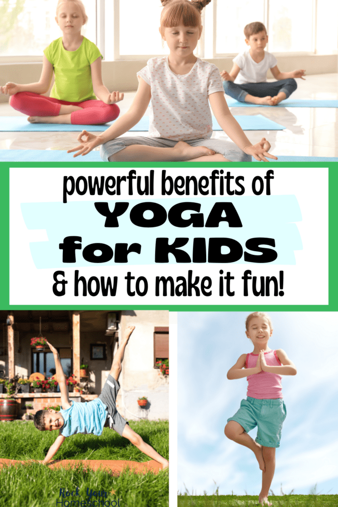 Young kids sitting on yoga mats with eyes closed and legs crossed, young boy outside on yoga mat in side angle pose, and young girl smiling in tree pose while standing on grass