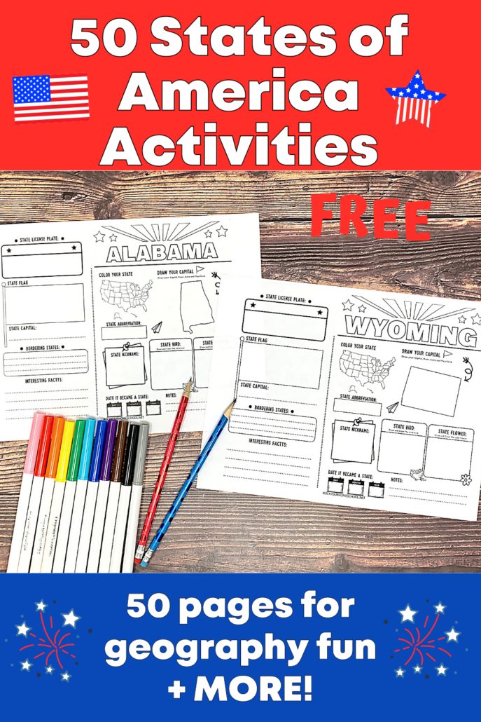 Alabama and Wyoming printable pages with red and blue pencils and rainbow of markers on wood background to feature this free set of 50 States printable activities 