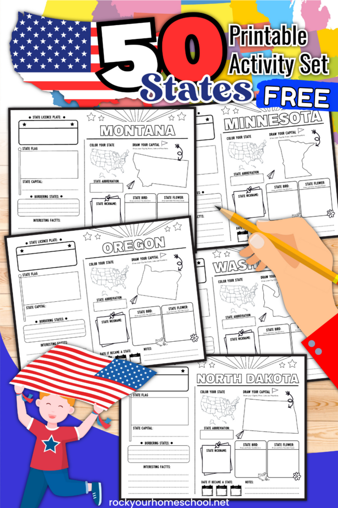 Mock-up of 50 states printable activities with United States in American flag, child's hand holding pencil, and child holding American flag with the states of North Dakota, Washington, Oregon, Montana, and Minnesota as examples