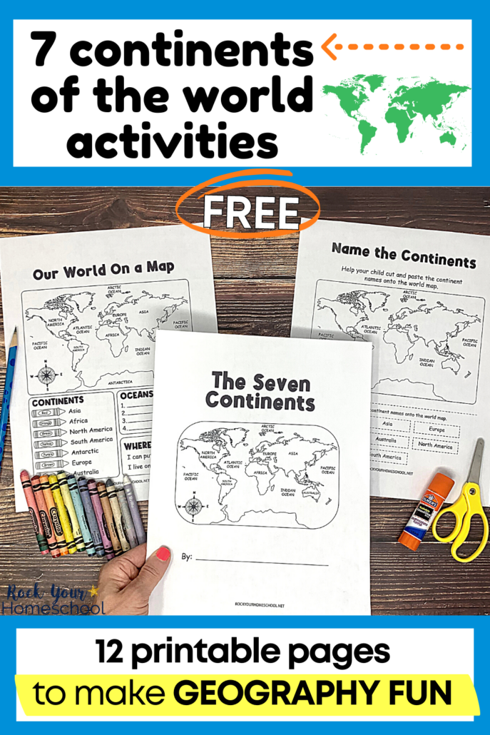 woman holding cover of 7 continents printable activities set with other pages in background and crayons, glue stick, and yellow scissors