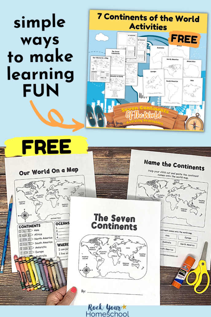 woman holding cover of 7 continents printables activities set with other pages in background and crayons, blue pencil, glue stick, and yellow scissors