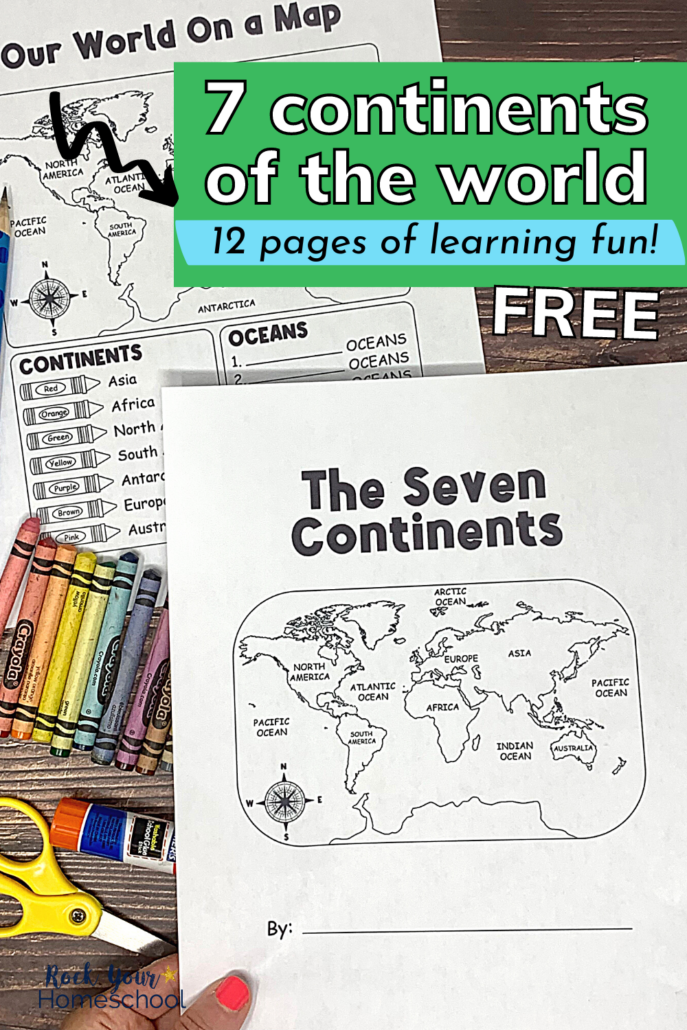 woman holding cover of free set of 7 continents printable activities with other page in background, yellow scissors, glue stick, and rainbow of crayons