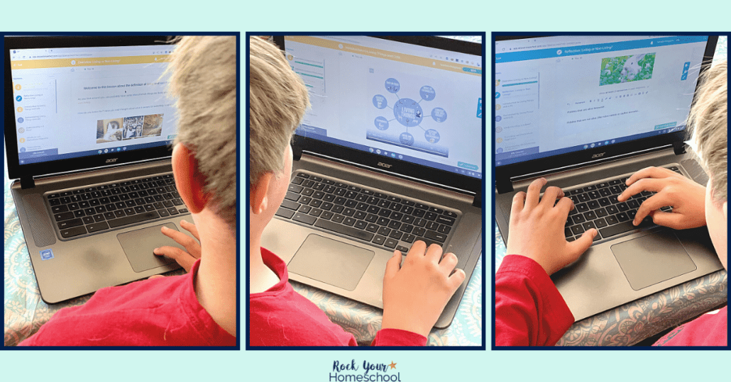 Tween boy using laptop to work on online homeschool enrichment with Education Perfect.