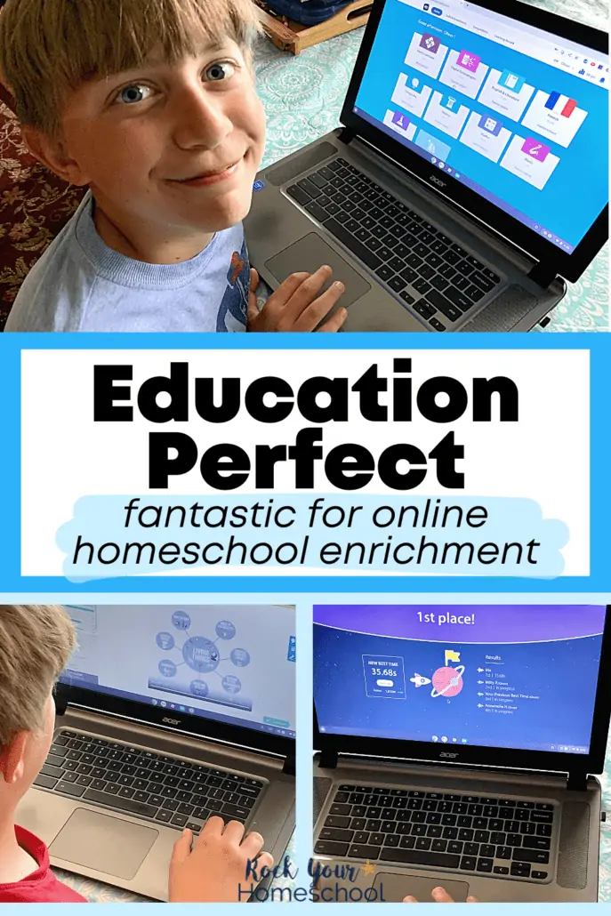Tween boy smiling as he works on laptop with Education Perfect, an online homeschool enrichment option with a variety of classes to boost learning and explore interests