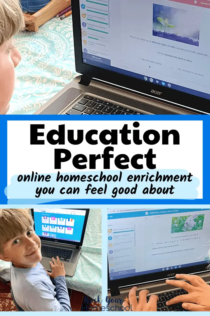 Tween boy using Education Perfect on a laptop for online homeschool enrichment like science, foreign languages, and more