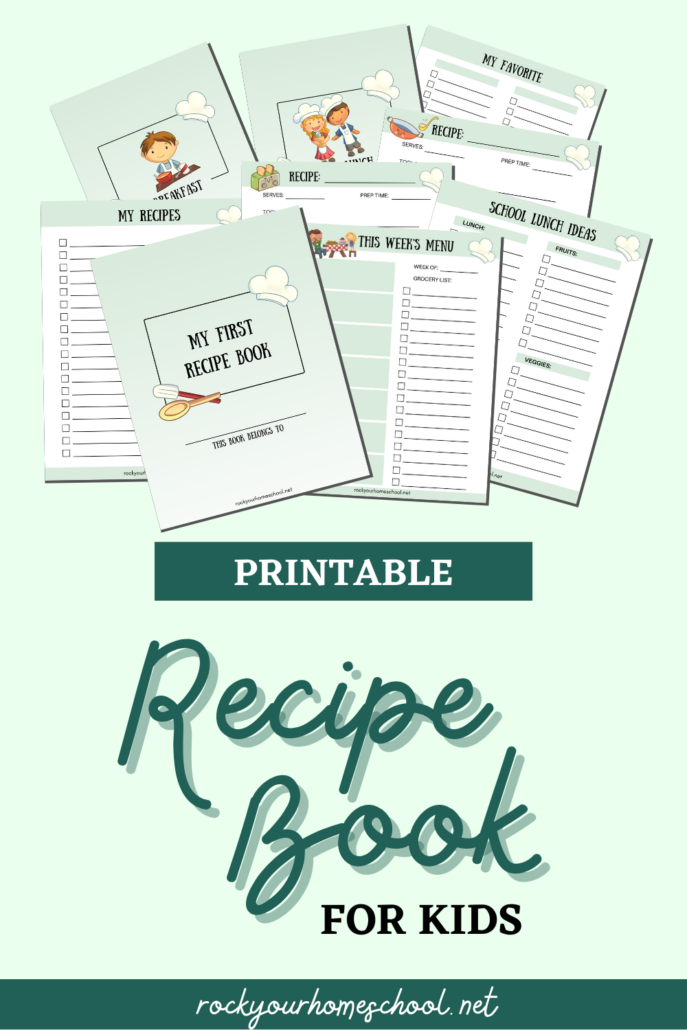 Mock-up of free printable recipe book for kids pack on light green background