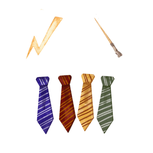 Watercolor lightning bolt, magic wand, and Harry Potter house ties.
