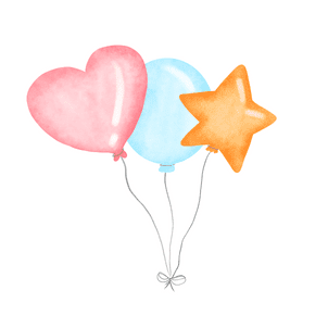 Watercolor balloons of pink heart, blue, and yellow star to feature fun days for kids.