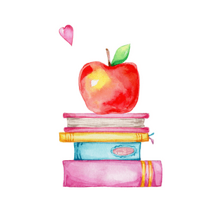 Watercolor apple, stack of books, and heart.