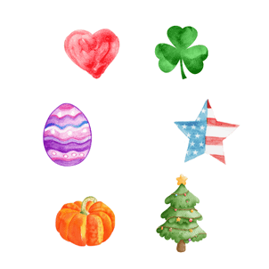 Watercolor red heart, green shamrock, purple Easter egg, red white blue star, orange pumpkin, and Christmas tree to feature holiday fun.