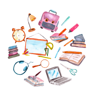 Watercolor lamp, clock, books, chalkboard, headphones, magnifying glass, laptop, scissors, pencils, pens, marker, and bag.