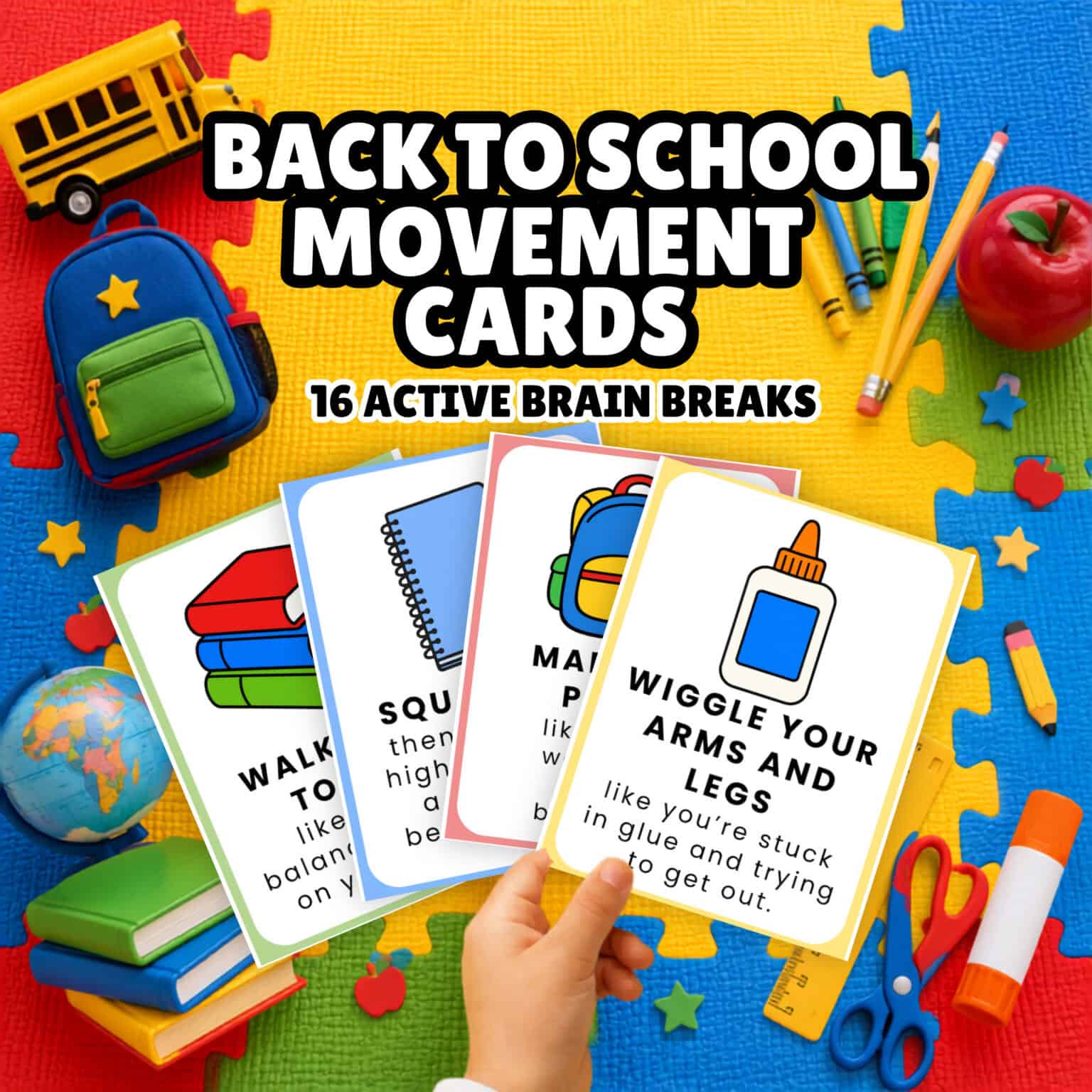A child's hand holding examples of back to school movement cards for kids.