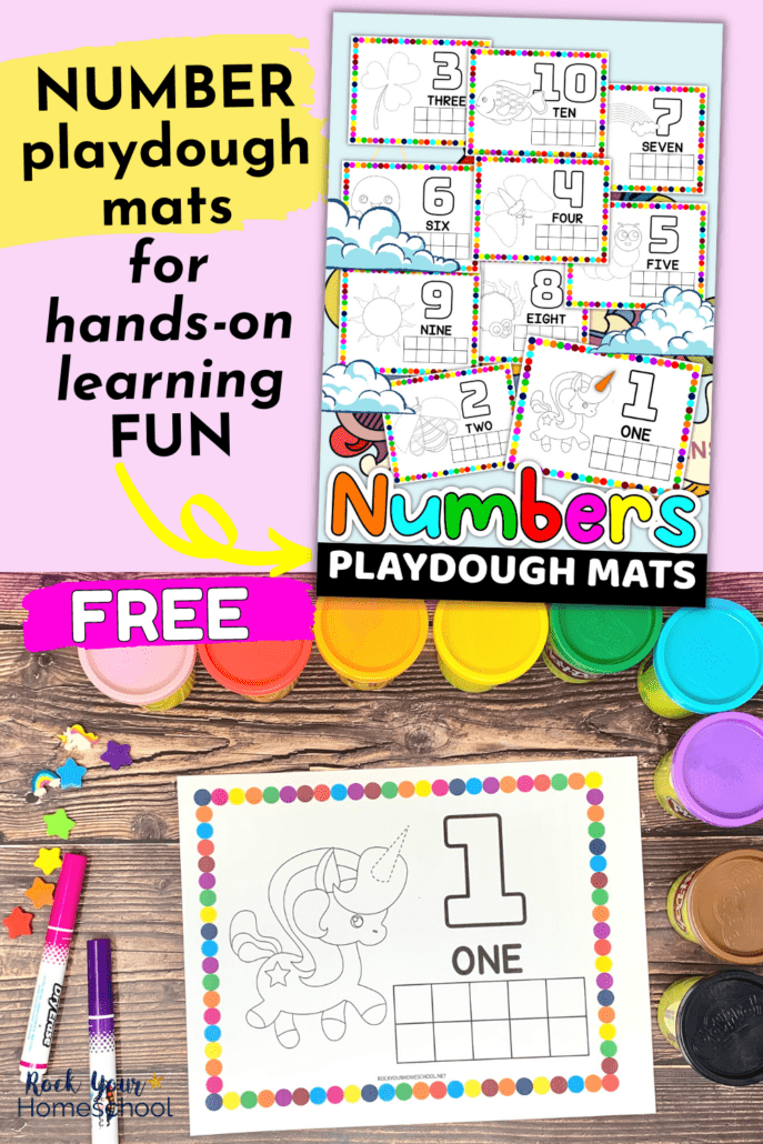 10 pages of number playdough mats and example of number one featuring unicorn with playdough containers, mini-erasers, and dry erase markers on wood background