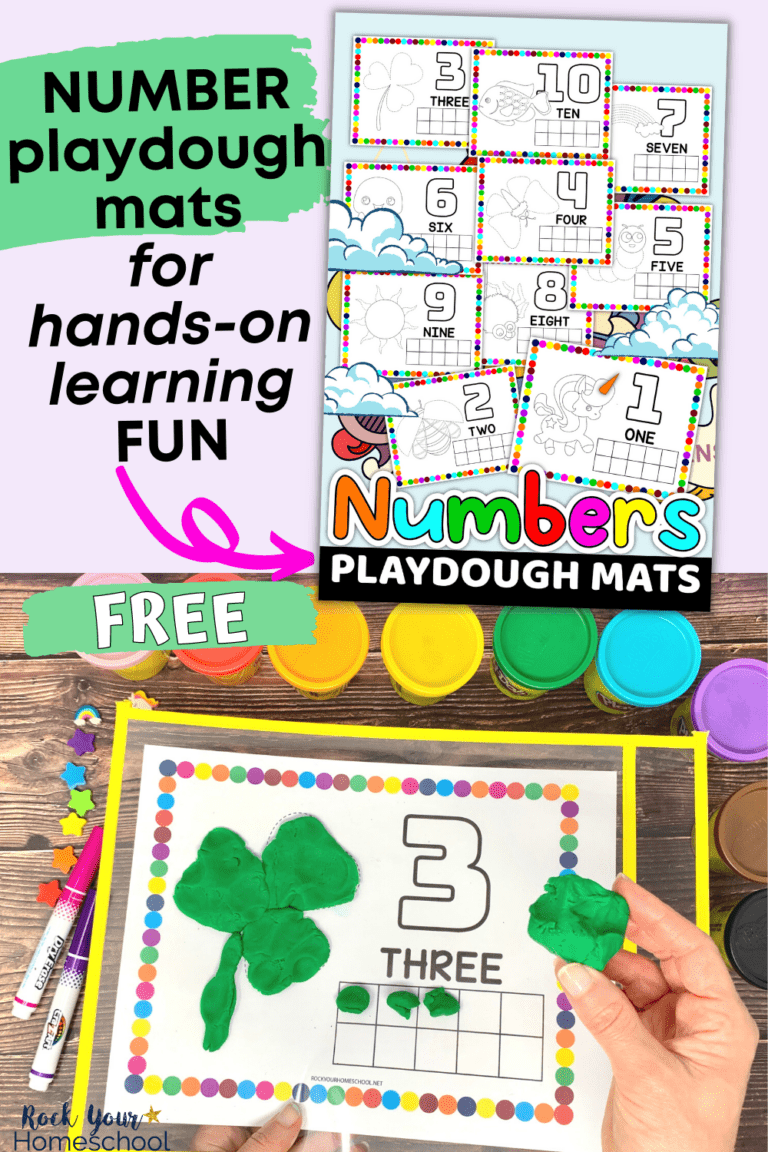 10 pages of number playdough mats with example of number 3 in dry erase pocket sleeve with woman holding green playdough and green playdough shamrock and playdough containers, mini-erasers, dry erase marers on wood background