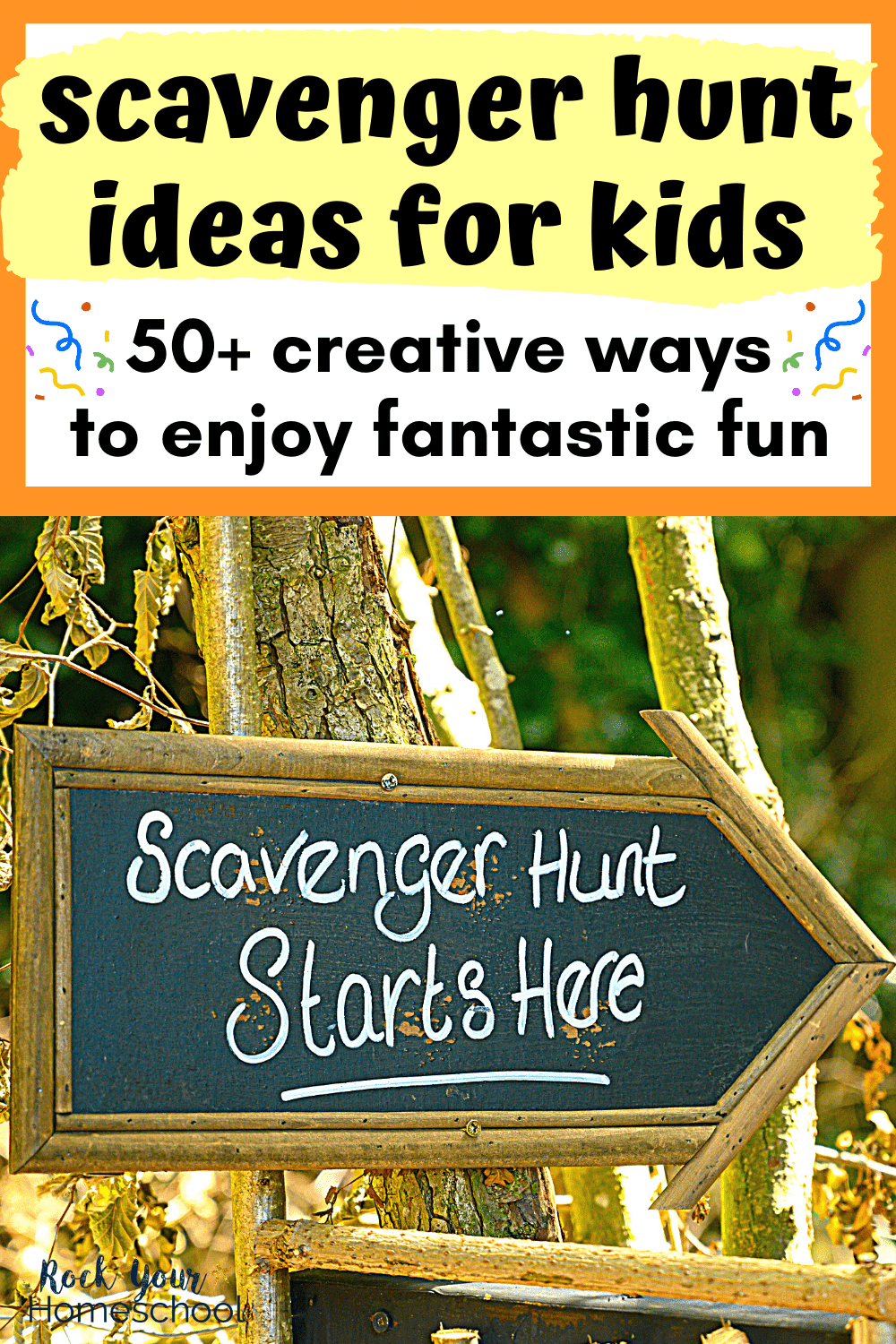 scavenger hunt starts here written on arrow chalkboard on tree