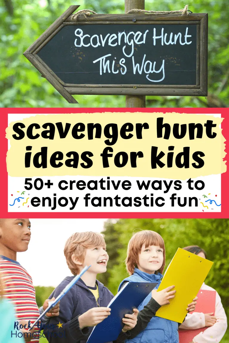 chalkboard arrow sign with "Scavenger Hunt This Way" and kids holding clipboards outdoors to feature these 50+ scavenger hunt ideas for kids