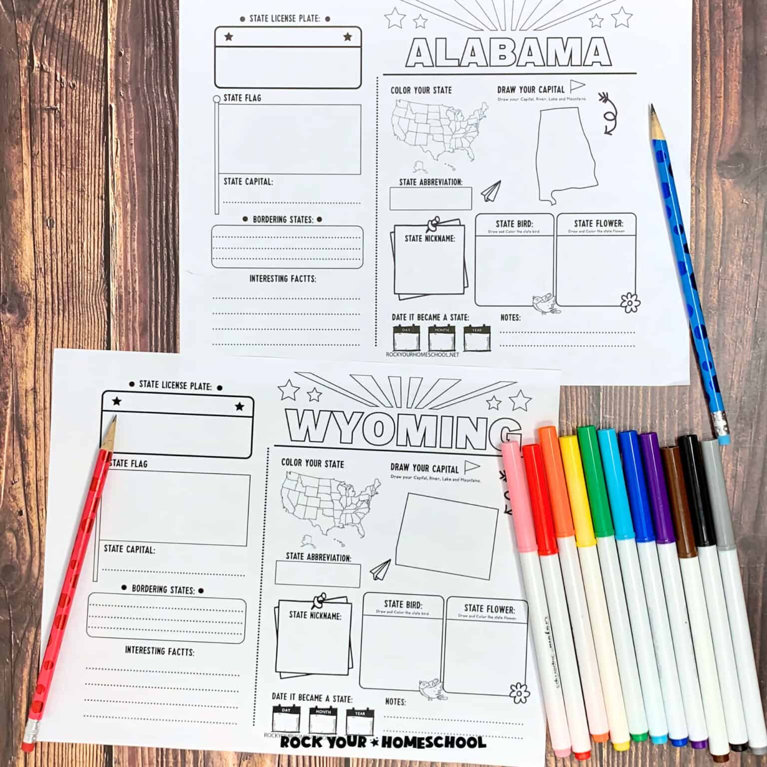 Alabama and Wyoming printable pages with red and blue pencils and rainbow of markers on wood background to feature this free set of 50 States printable activities for geography fun.