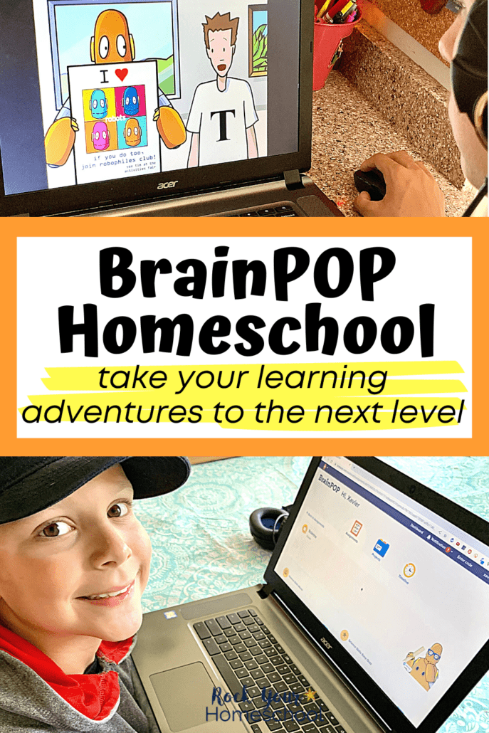 Teen boy using mouse and laptop to learn about graphic design with BrainPOP Homeschool and young boy wearing cap smiling as he works on BrainPOP Homeschool on laptop