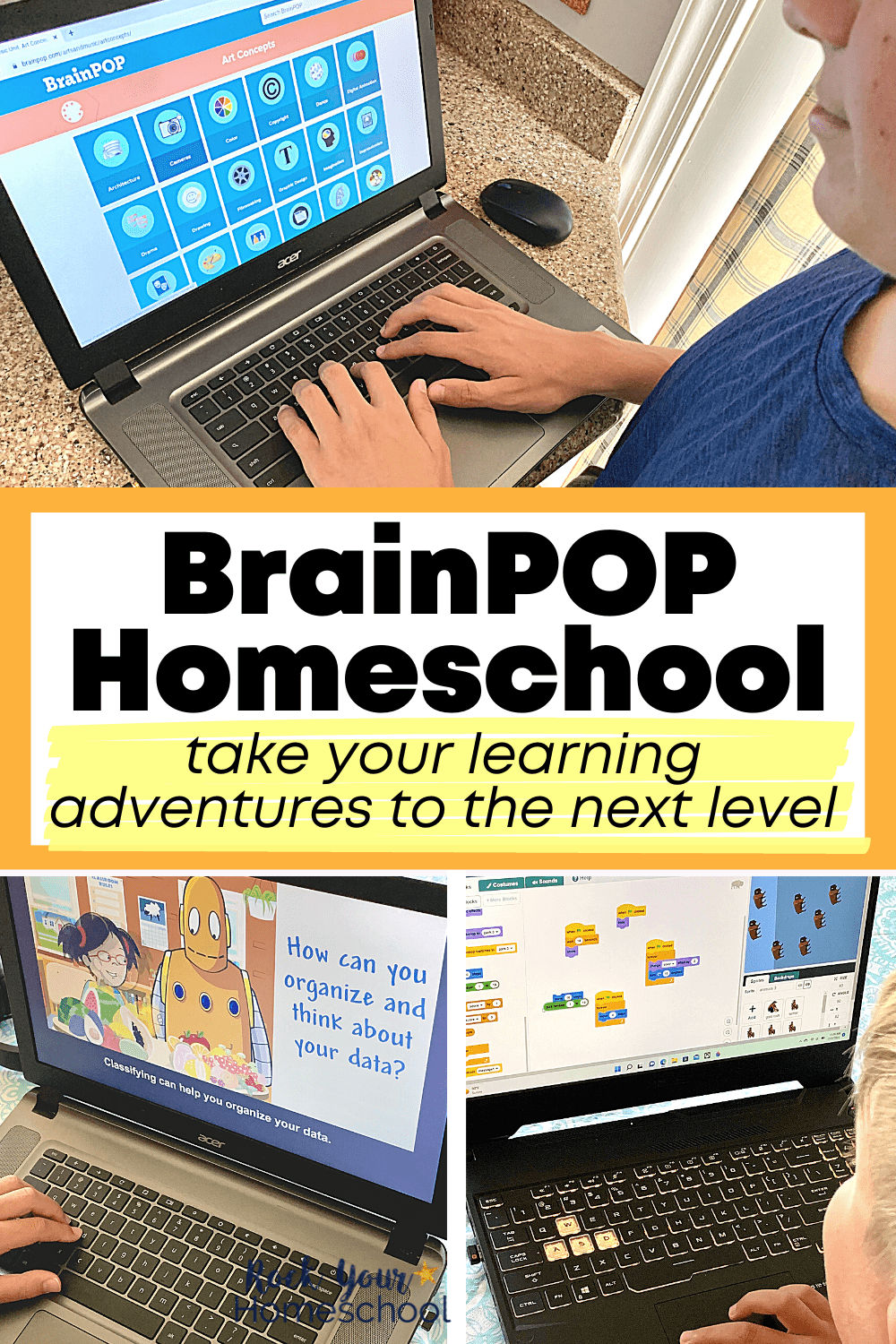 Teen boys using laptop to explore Art Concepts on BrainPOP Homeschool and young boy on laptop learning science skills with BrainPOP Jr. and tween boys learning about Westward Expansion with creative coding activities through BrainPOP