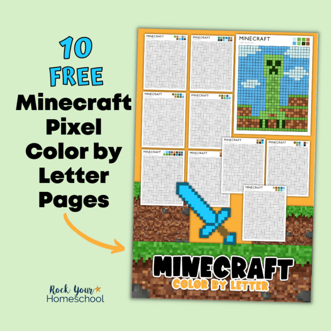 Examples of these 10 free Minecraft color by letter pixel art activities with Creeper in color and blue diamond ax sword