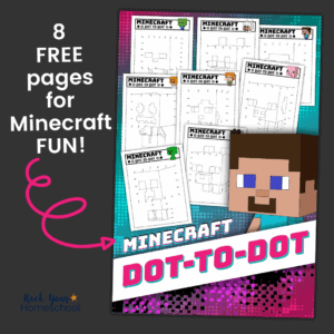 mockup of Minecraft dot-to-dot activities with 8 free pages and Steve