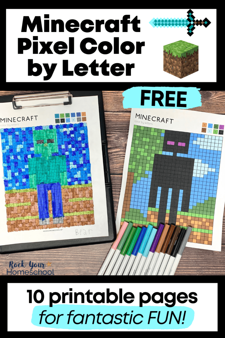 examples of free Minecraft pixel color by letter pages with markers on wood background