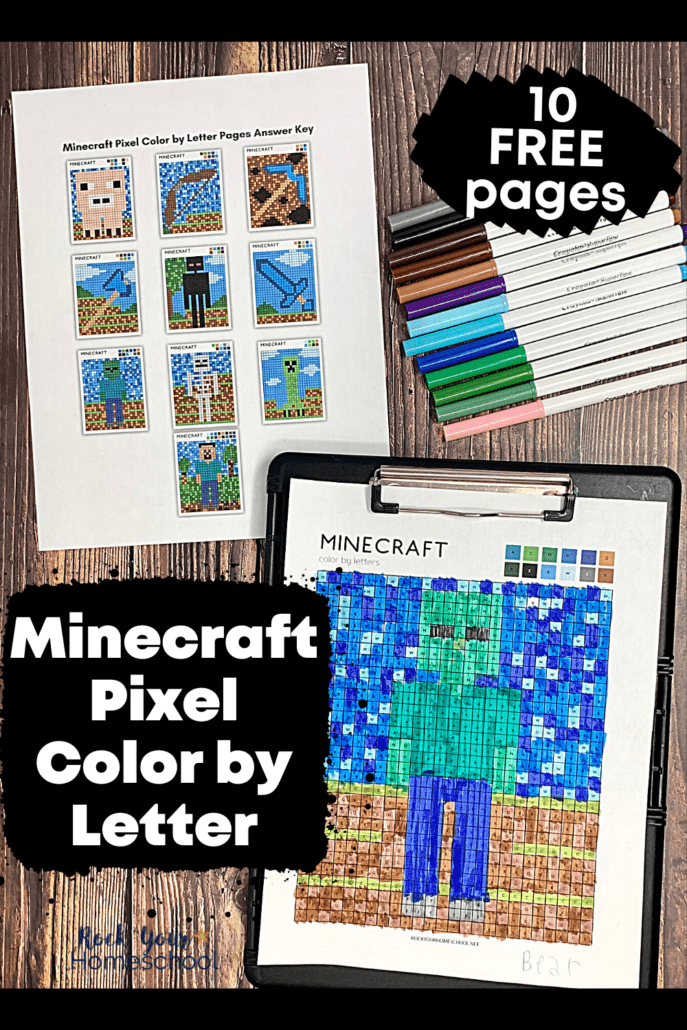 Answer key to 10 free Minecraft color by letter pixel art pages and example of Zombie on black clipboard with markers on wood background
