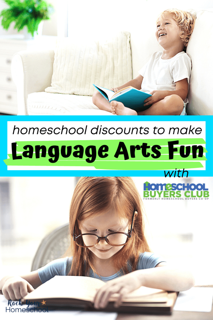 Young child smiling while holding book and sitting on couch and young girl wearing glasses and smiling as she reads book to feature how to make language arts fun with Homeschool Buyers Club