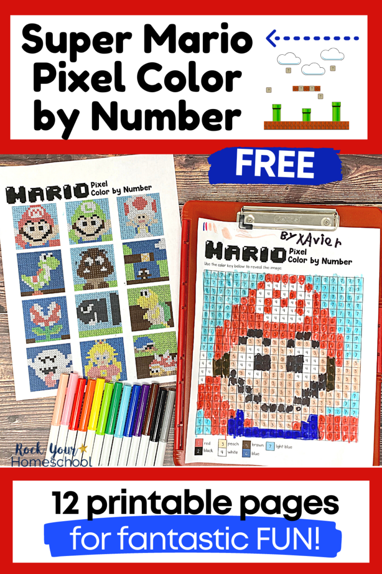answer key for 12 free Super Mario pixel coloring pages and example of Mario on red clipboard with rainbow of markers on wood background