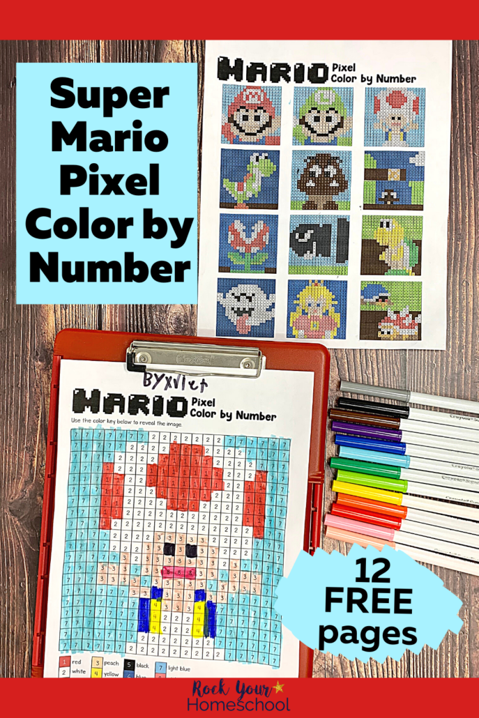 answer key for this set of 12 free Super Mario pixel coloring pages and example of Toad on red clipboard with rainbow of markers on wood background