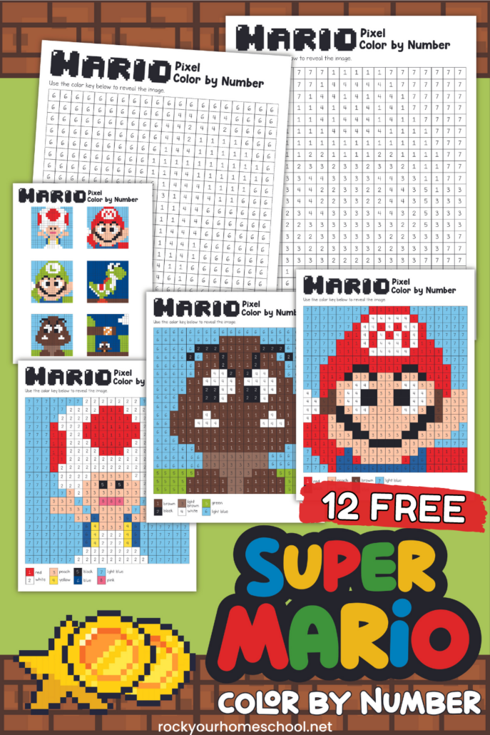 Examples of this free set of 12 Super Mario pixel coloring pages