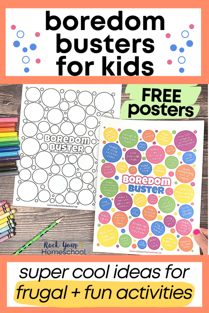 woman holding free printable poster of color boredom busters ideas wit black-and-white version with rainbow of markers and crayons and pencil on wood background
