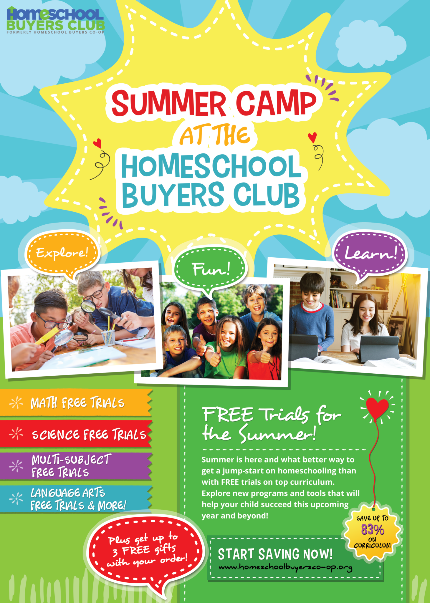 Enjoy summer camp at the Homeschool Buyers Club! Terrific free trials to help you explore and have learning fun (plus save up to 83% on curriculum).