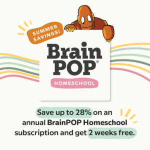 Get awesome summer savings on BrainPOP Homeschool! Save up to 28% on an annual subscription and get 2 weeks free. Such a cool way to boost creativity and make learning fun for your kids.